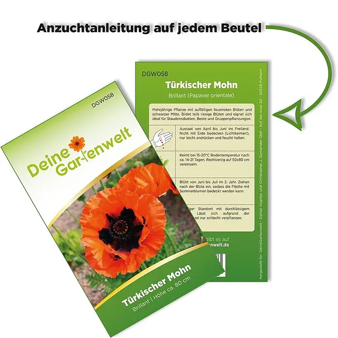 Deine Gartenwelt Blumensamen Mohn - Papaver orientale, Rot - Grüne Samentüte für Türkischen Mohn mit oranger Mohnblütenabbildung und Anzuchtanleitung.