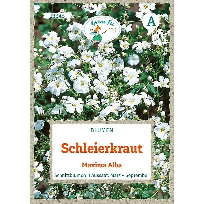 Grüne Fee Blumensamen Schleierkraut - Gypsophila elegans M. Bieb., Weiß - Samenpäckchen für weißes Schleierkraut 'Maxima Alba' mit Blumenbild und Aussaatinformationen. Grüne Fee Logo.