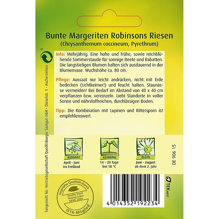 Quedlinburger SAATGUT Blumensamen Margerite - Chrysanthemum maximum, Mehrfarbig - Grüne und gelbe Samentüte für Bunte Margeriten Robinsons Riesen, mit Pflanzanleitung, Symbolen, Barcode und Gütesiegel.