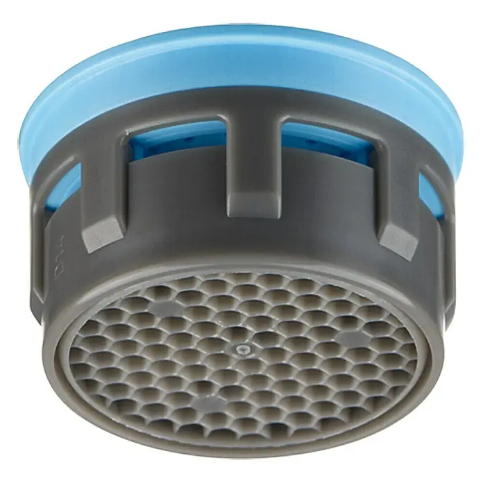 Profi Depot Cascade Strahlregler-Innenteil - Kunststoff, M22/M24, 15 l/min, 8 Stk. - Nahaufnahme eines grauen Wasserhahn-Luftsprudlers mit blauem Rand und wabenförmigem Muster.