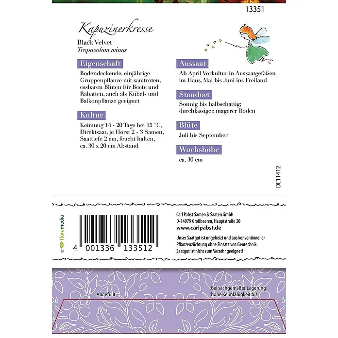 Grüne Fee Blumensamen Kapuzinerkresse - Tropaeolum minus L., Tiefrot - Samenpackung für Kapuzinerkresse 'Black Velvet' mit Anbauanleitung und Barcode.