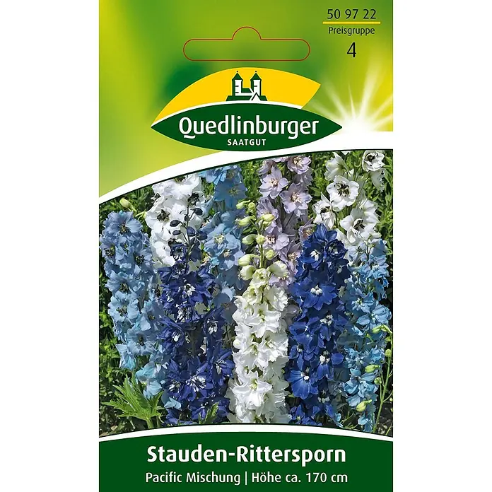 Quedlinburger SAATGUT Stauden-Rittersporn Pacific -  - Quedlinburger Stauden-Rittersporn Pacific Mischung Saatgutpackung mit blauen, weißen und violetten Blüten.