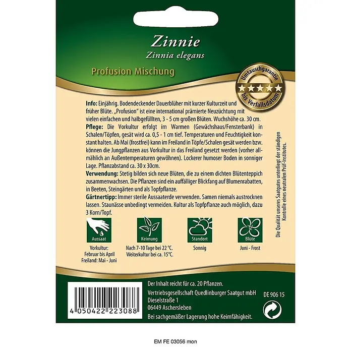 Quedlinburger SAATGUT Blumensamen Zinnie - Zinnia elegans, Mehrfarbig - Grünes Samentütchen für Zinnie elegans Profusion Mischung mit Pflanzenname, Aussaathinweisen und Pflegesymbolen.