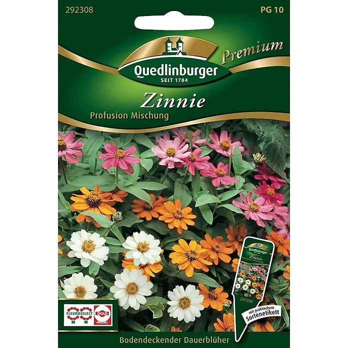 Quedlinburger SAATGUT Blumensamen Zinnie - Zinnia elegans, Mehrfarbig - Grünes Saatgutpäckchen für Zinnie Profusion Mischung, zeigt leuchtende rosa, orange und weiße Blüten. Premium-Qualität, bodendeckender Dauerblüher.