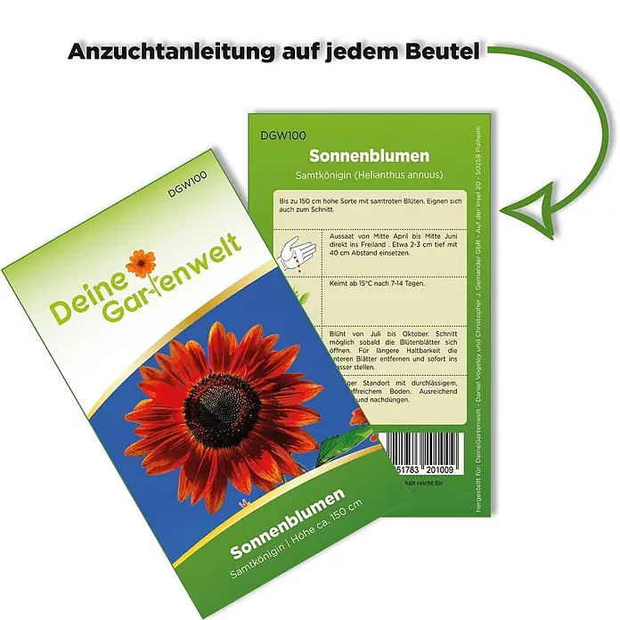 Deine Gartenwelt Sonnenblume Samtkönigin -  - Samentüte für 'Sonnenblumen Samtkönigin' mit Bild einer roten Sonnenblume und Anzuchtanleitung.