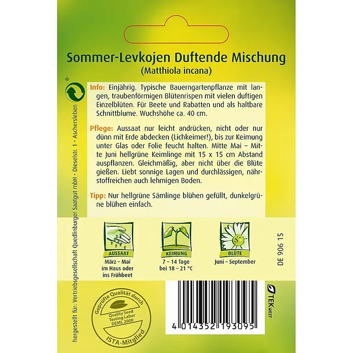 Quedlinburger SAATGUT Sommer-Levkojen Frühe hohe Mischung -  - Samenpäckchen für Sommer-Levkojen (Matthiola incana) Duftende Mischung mit Pflanzanleitung, Qualitätssiegel, Herstellerangaben und Barcode.