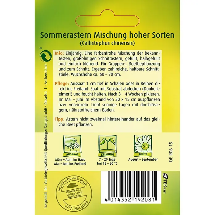 Quedlinburger SAATGUT Blumensamen Aster - Callistephus chinensis, Mehrfarbig - Samenpäckchen für 'Sommerastern Mischung hoher Sorten' (Callistephus chinensis) mit Anleitungen, Illustrationen und Barcode in grün-gelb.