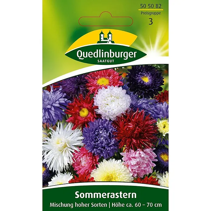 Quedlinburger SAATGUT Blumensamen Aster - Callistephus chinensis, Mehrfarbig - Samentüte 'Sommerastern' von Quedlinburger Saatgut. Zeigt eine bunte Mischung aus hohen Asterblüten in Weiß, Rosa, Rot und Violett. Höhe ca. 60-70 cm.