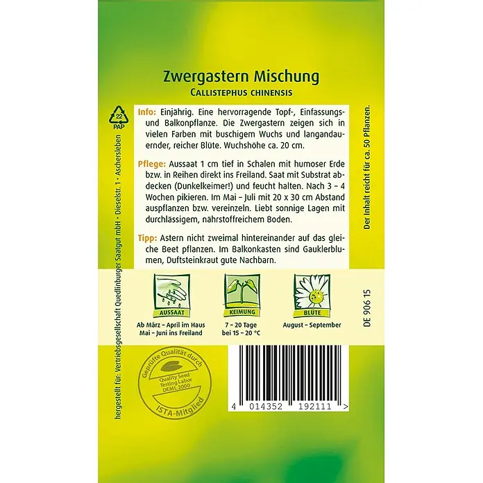 Quedlinburger SAATGUT Blumensamen Aster - Callistephus chinensis, Mehrfabig - Samenpäckchen für Zwergastern Mischung (Callistephus chinensis) mit Pflanzanleitung, Barcode und Gütesiegel.