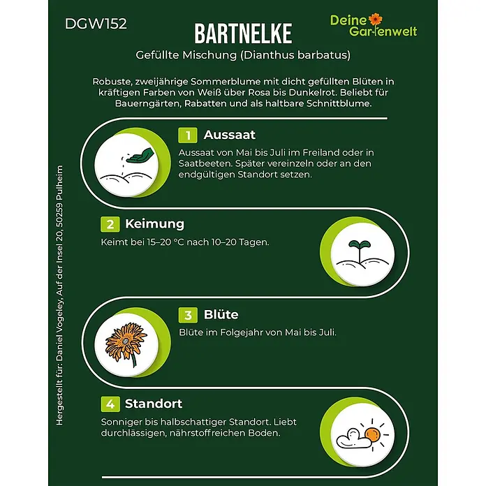 Deine Gartenwelt Bartnelke Gefüllte Mischung -  - Produktanleitung für Bartnelken (Dianthus barbatus) Samen, mit Infos zu Aussaat, Keimung, Blüte und Standort, illustriert mit Symbolen.