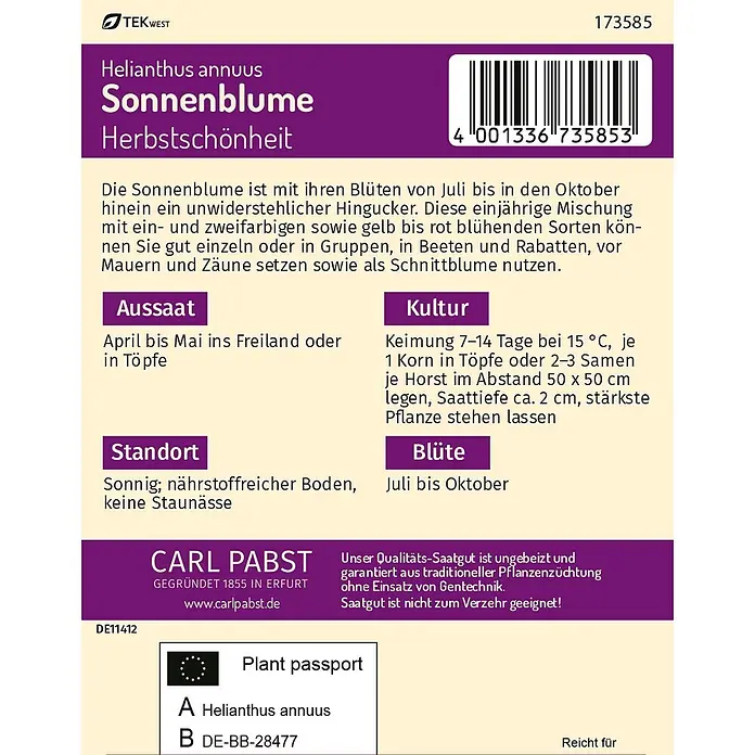 Pabst Keimkraft Sonnenblume Herbstschönheit -  - Lila-weißes Samenpäckchen für Sonnenblumen (Helianthus annuus) mit Pflanzanweisungen, Barcode und Pflanzenpass.