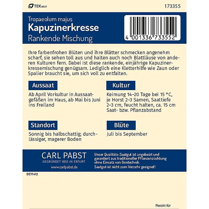 Pabst Keimkraft Blumensamen Kapuzinerkresse - Tropaeolum majus, Mehrfarbig - Samenpackungsetikett für rankende Kapuzinerkresse mit Pflanzinformationen, Barcode und Firmenlogo.