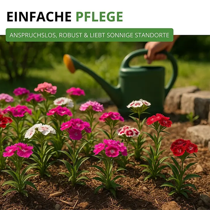Deine Gartenwelt Bartnelke Gefüllte Mischung -  - Farbenfrohe Nelkenblüten in einem Gartenbeet, von einer Person gegossen.