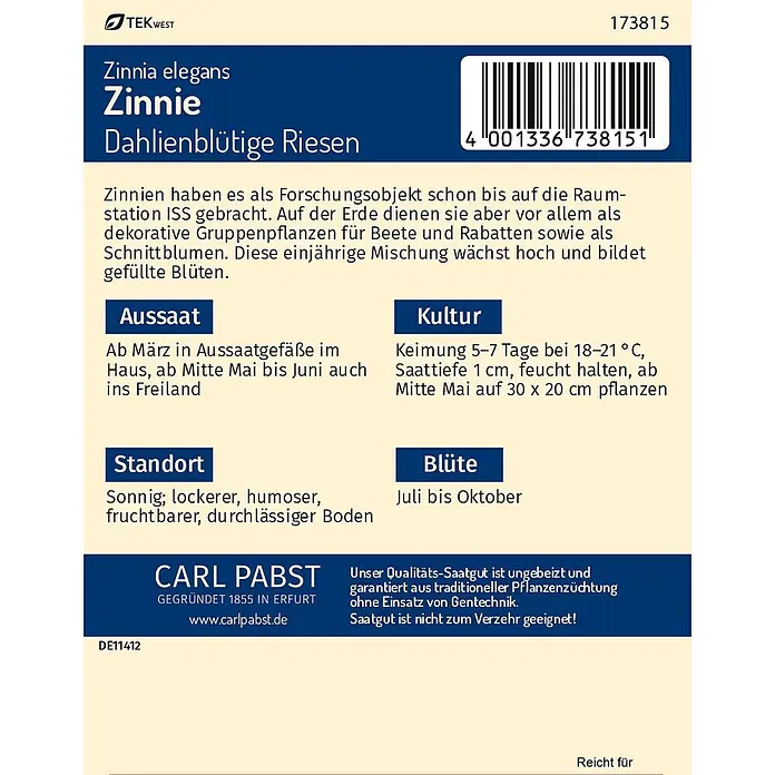 Pabst Keimkraft Blumensamen Zinnie - Zinnia elegans, Mehrfarbig - Samentüte Zinnia elegans mit Pflanzenname, Barcode und deutschen Anbauanweisungen.