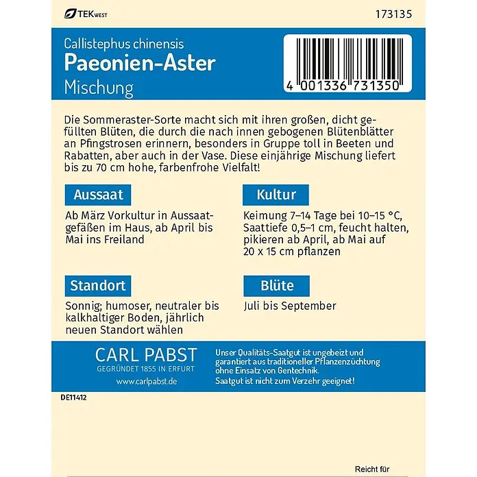 Pabst Keimkraft Blumensamen Aster - Callistephus chinensis, Mehrfarbig - Carl Pabst Callistephus chinensis Paeonien-Aster Mischung Samenpäckchen mit Anbauinformationen.