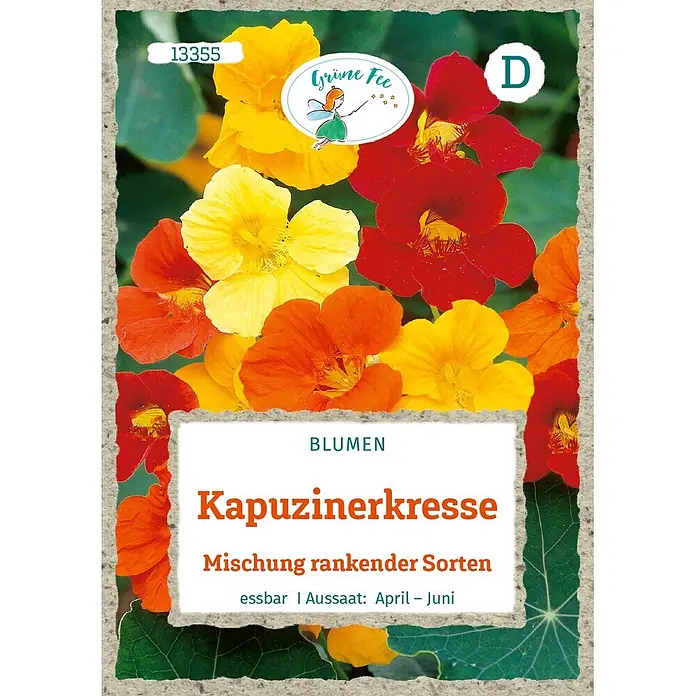 Grüne Fee Blumensamen Kapuzinerkresse - Tropaeolum majus, Mehrfarbig - Samenpackung Kapuzinerkresse mit lebhaften gelben, orangen und roten Blüten und kleinem Feen-Logo.