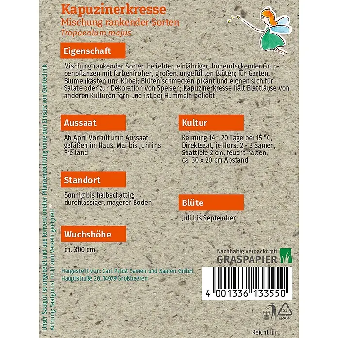 Grüne Fee Blumensamen Kapuzinerkresse - Tropaeolum majus, Mehrfarbig - Samenpäckchen Kapuzinerkresse aus hellem Graspapier mit Pflanzanleitung und Barcode.