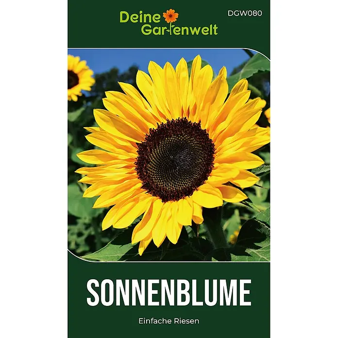 Deine Gartenwelt Sonnenblumen Einfache Riesen -  - Grünes Samenpäckchen für „Deine Gartenwelt“ Sonnenblumen, mit einer leuchtend gelben Sonnenblume und Text.