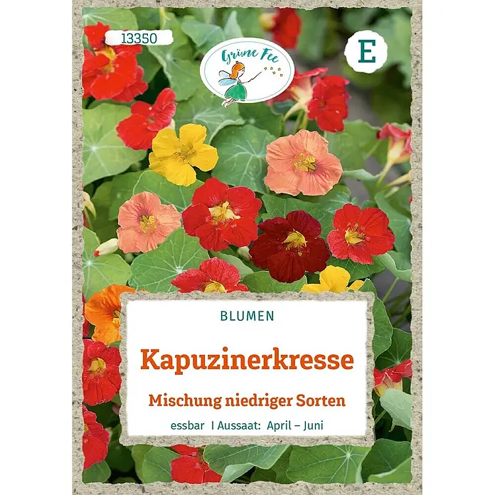 Grüne Fee Blumensamen Kapuzinerkresse - Tropaeolum minus, Mehrfarbig - Samentüte Kapuzinerkresse (Mischung niedriger Sorten) mit bunten Blüten auf der Vorderseite.