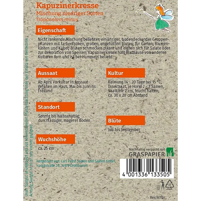 Grüne Fee Blumensamen Kapuzinerkresse - Tropaeolum minus, Mehrfarbig - Samenpäckchen für Kapuzinerkresse aus braunem Graspapier, mit deutschem Text und einer kleinen Feenillustration.