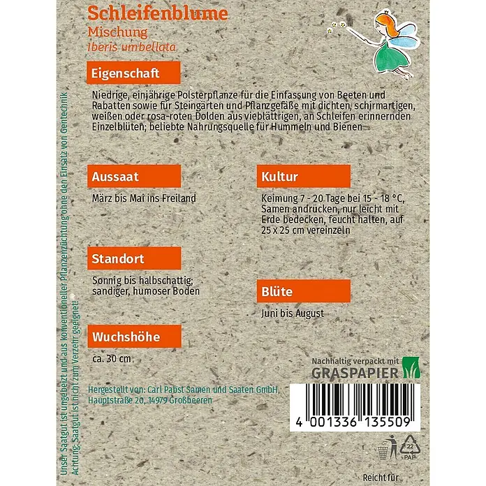 Grüne Fee Blumensamen Schleifenblume - Iberis umbellata L., Mehrfarbig - Samenpäckchen für Schleifenblume mit Pflanzanleitung, einer Feenillustration und Barcode, verpackt in Graspapier.