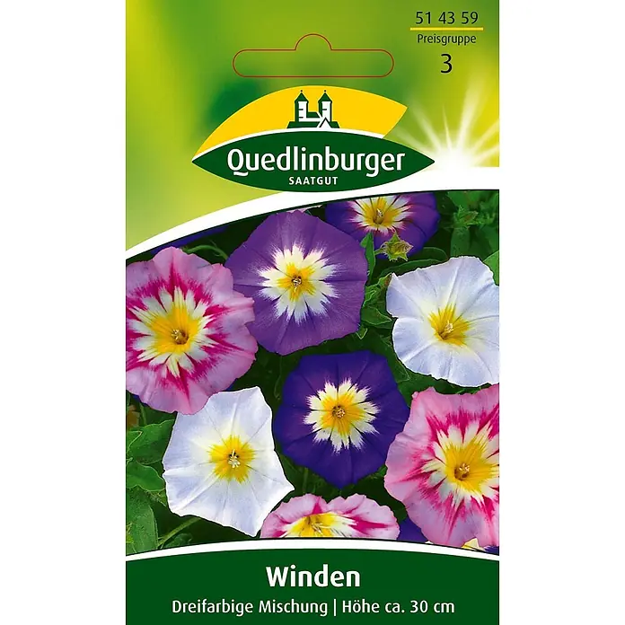 Quedlinburger SAATGUT Blumensamen Winde - Mischung, Mehrfarbig - Samentüte Quedlinburger Winden, eine dreifarbige Mischung mit rosa, lila und weißen Blüten.