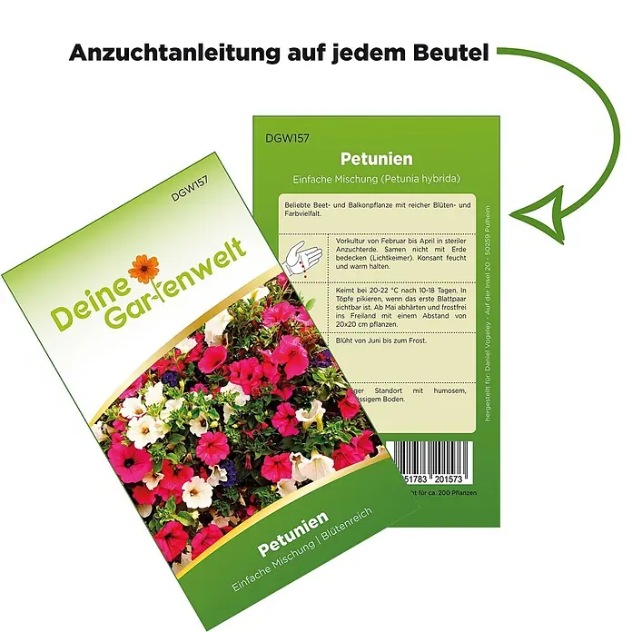 Deine Gartenwelt Petunien Einfache Mischung -  - Zwei Petunien-Samenpakete mit Anzuchtanleitung und farbigen Blütenbildern.