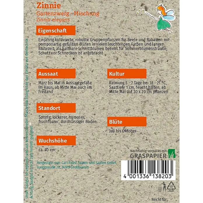 Grüne Fee Blumensamen Zinnie - Zinnia elegans Jacq., Mehfarbig - Ein Samenpäckchen für Zinnie Gartenzwerg-Mischung aus Graspapier, mit Pflanzeninformationen, Barcode und einer kleinen Feenillustration.