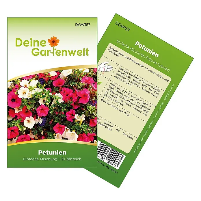 Deine Gartenwelt Petunien Einfache Mischung -  - Grüne und weiße Petunien-Samenpackung mit Blütenbild und Anbauanleitung.