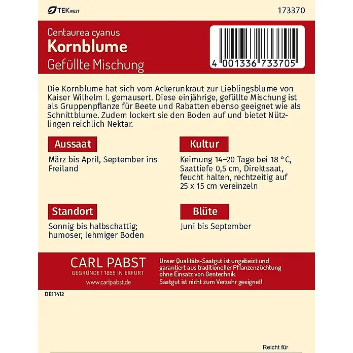 Pabst Keimkraft Kornblume Gefüllte Mischung -  - Rote und weiße Samenpackung für Carl Pabst 'Kornblume Gefüllte Mischung' mit Textinformationen und Barcode.
