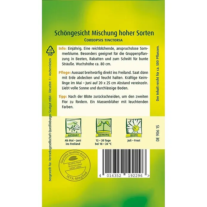Quedlinburger SAATGUT Schöngesicht Mischung hoher Sorten -  - Bunte Samenpackung für Schöngesicht Mischung mit Aussaat-, Keim- und Blütezeiten sowie Pflegehinweisen.