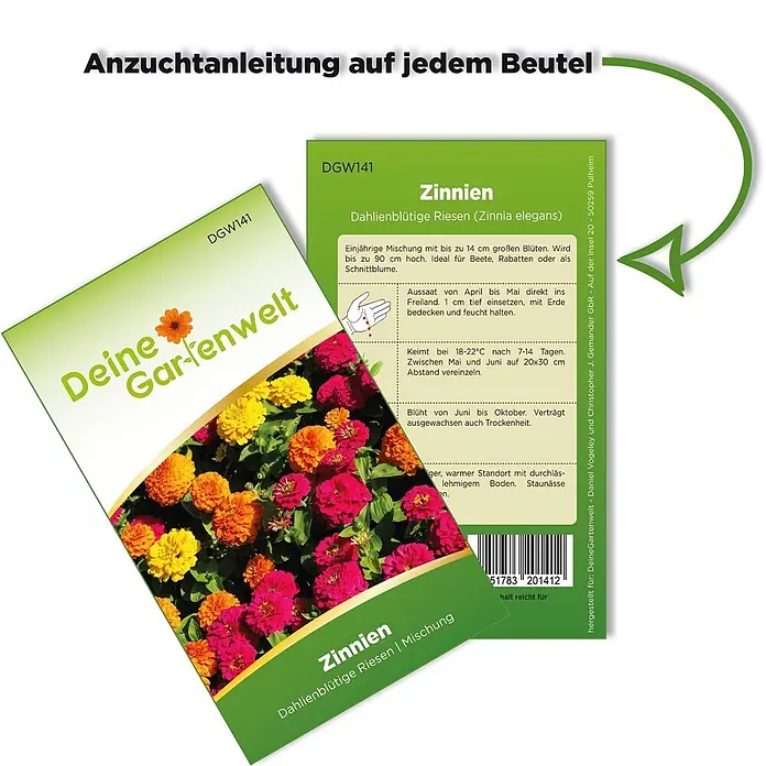Deine Gartenwelt Zinnie Dahlienblütige Mischung -  - Zwei Samentüten für farbenprächtige Dahlien-Zinnien, mit sichtbarer Pflanzanleitung.