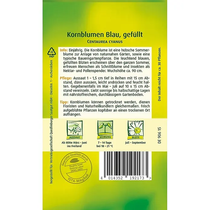 Quedlinburger SAATGUT Kornblume Blau gefüllt -  - Samentüte für blaue, gefüllte Kornblumen mit Aussaat- und Pflegeanleitung.
