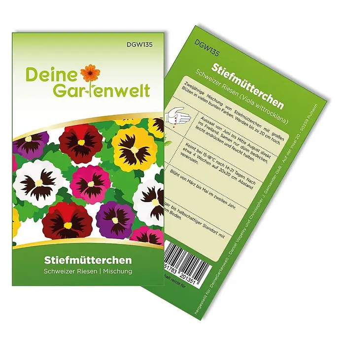 Deine Gartenwelt Stiefmütterchen Schweizer Riesen Mischung -  - Zwei Samentüten für 'Schweizer Riesen Stiefmütterchen' mit bunten Blumenillustrationen und Pflanzanleitungen.
