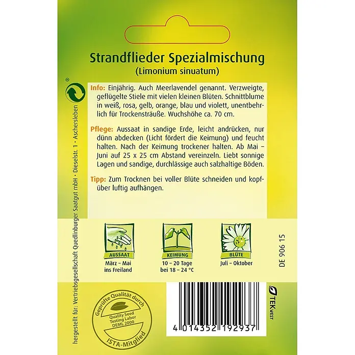 Quedlinburger SAATGUT Blumensamen Strandflieder - Limonium sinuatum, Mehrfabig - Eine grün-gelbe Samentüte für Strandflieder (Limonium sinuatum) mit Anbauanleitung, Aussaat-Symbolen und einem Barcode.