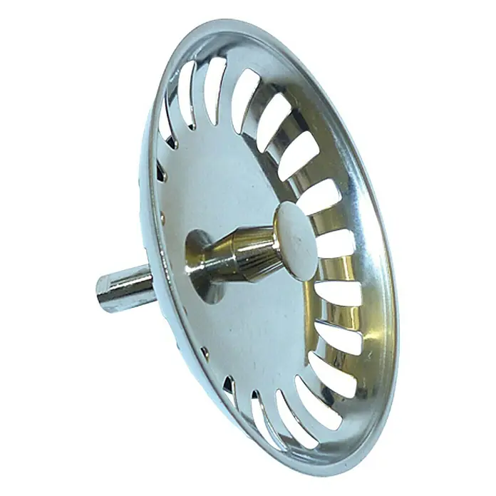 Körbchenventil - Edelstahl, Durchmesser: 84 mm - Ein glänzender Spülbeckenstöpsel aus Metall mit Löchern, ideal für jede Küche, um das Abwasser sauber zu halten.