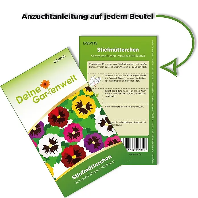 Deine Gartenwelt Stiefmütterchen Schweizer Riesen Mischung -  - Grüne Samenpäckchen für Stiefmütterchen, eines offen mit Pflanzanleitung und farbigen Blumenillustrationen.