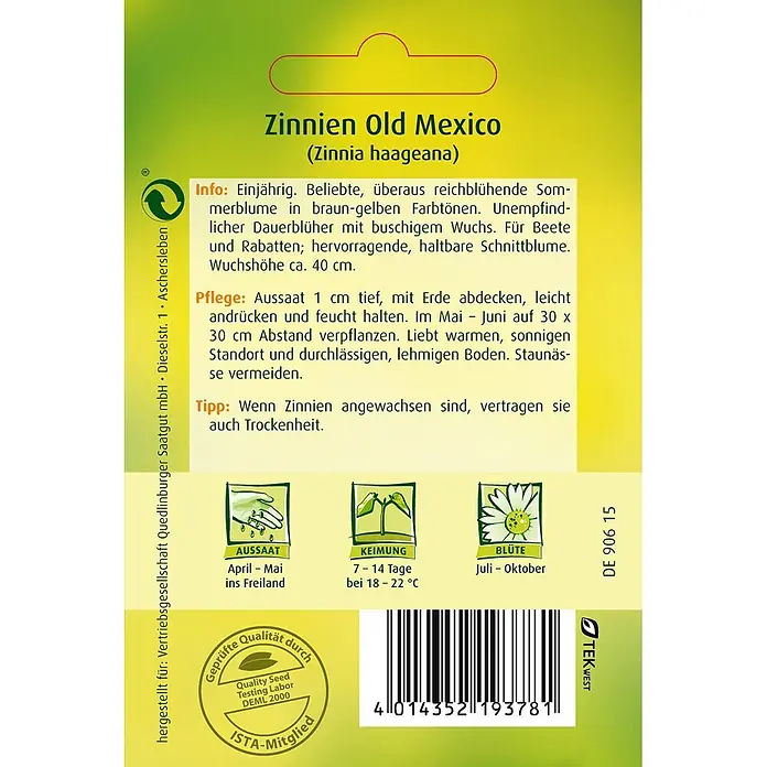 Quedlinburger SAATGUT Zinnien Old Mexico -  - Samentüte für Zinnien Old Mexico (Zinnia haageana) mit Aussaat-, Pflege-, Blütezeitangaben und Barcode.