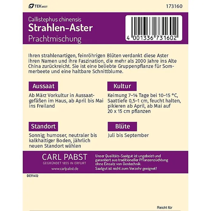 Pabst Keimkraft Strahlen - Aster Prachtmischung -  - Samenpäckchen für Callistephus chinensis (Strahlen-Aster Prachtmischung) mit Pflanzinformationen und Barcode.