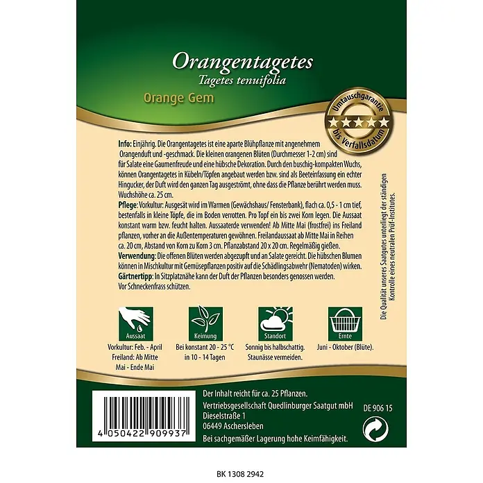 Quedlinburger SAATGUT Orangen-Tagetes Orange GEM -  - Samentüte für Orangentagetes mit Produktdetails und Pflanzanleitung.