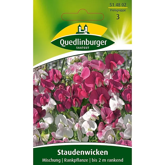 Quedlinburger SAATGUT Stauden-Wicken Mischung -  - Grüne Samentüte für Staudenwicken mit pink-weißen Blüten, Mischung, Rankpflanze bis 2 m.