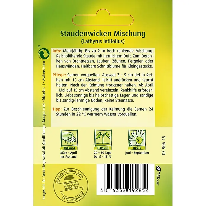 Quedlinburger SAATGUT Stauden-Wicken Mischung -  - Samentüte für Staudenwicken (Lathyrus latifolius) mit Pflanz- und Pflegeanleitung auf Deutsch.