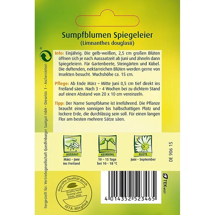 Quedlinburger SAATGUT Sumpfblume Spiegeleier -  - Buntes Samentütchen für Sumpfblumen Spiegeleier (Limnanthes douglasii) mit deutscher Anleitung und Barcode.