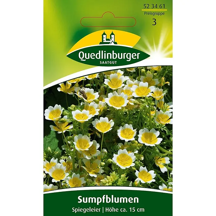 Quedlinburger SAATGUT Sumpfblume Spiegeleier -  - Saatguttüte für Quedlinburger Sumpfblumen 'Spiegeleier' mit weißen und gelben Blüten.