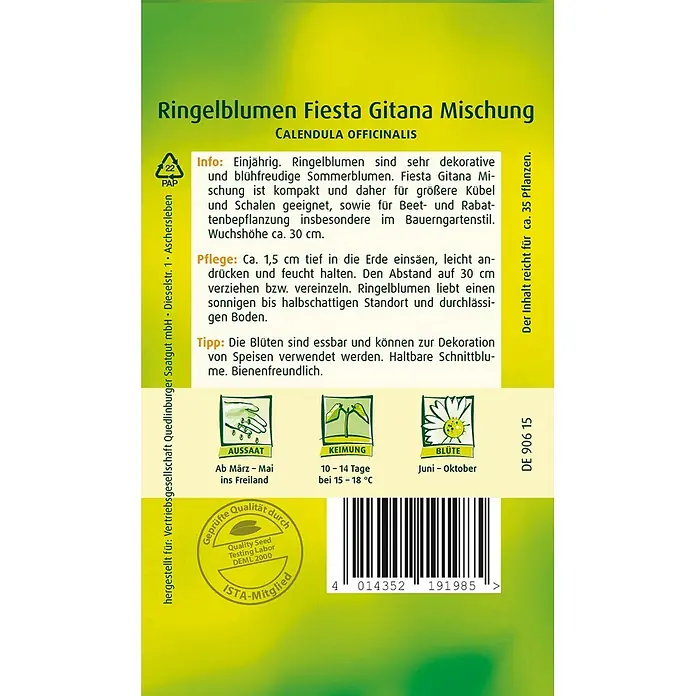 Quedlinburger SAATGUT Blumensamen Ringelblume - Calendula officinalis, Mehrfarbig - Gelb-grüne Samentüte für Ringelblumen 'Fiesta Gitana Mischung' mit Pflanzanleitung.