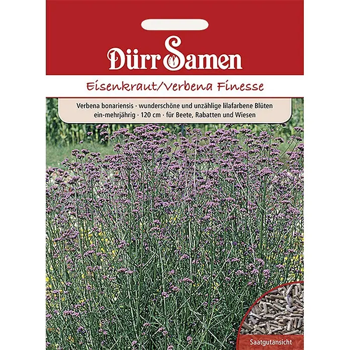 Dürr Samen Eisenkraut Finesse lilafarbene Blüten ein-mehrjährig -  - Samenpäckchen: Eisenkraut/Verbena Finesse mit lila Blüten. Inklusive Saatgutansicht.