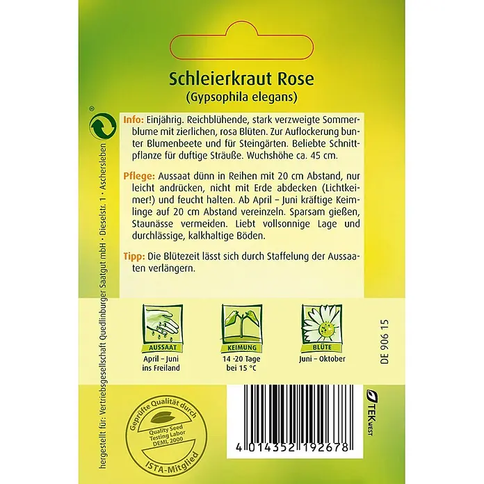 Quedlinburger SAATGUT Schleierkraut Rose -  - Samenpäckchen für Schleierkraut Rose (Gypsophila elegans) mit Anbau-, Pflege- und Blühinformationen.