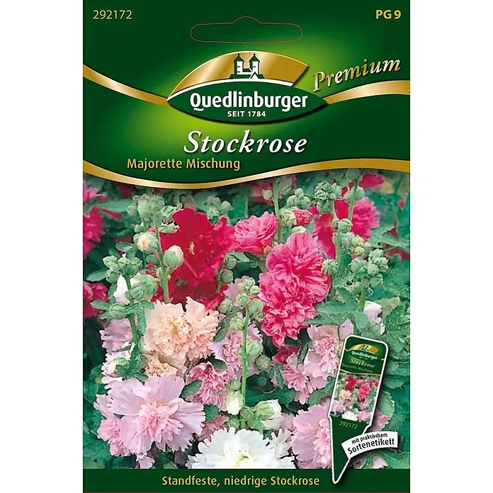 Quedlinburger SAATGUT Stockrosen Majorette Mischung -  - Grüne und goldene Quedlinburger Samenpackung für 'Majorette Mischung' Stockrosen, mit leuchtenden rosa, roten, pfirsichfarbenen und weißen Blüten.