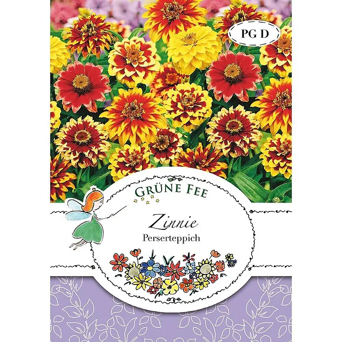 Grüne Fee Blumensamen Zinnie - Zinnia haageana (Regel) linearis Benth., Mehrfarbig - Grüne Fee Zinnie 'Perserteppich' Blumensamen-Päckchen mit rot-gelben Zinnien und einer kleinen Feenzeichnung.