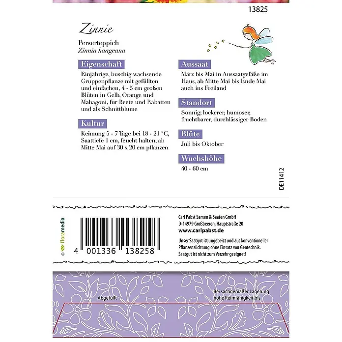 Grüne Fee Blumensamen Zinnie - Zinnia haageana (Regel) linearis Benth., Mehrfarbig - Samenpäckchen Zinnie 'Perserteppich' mit Anzuchtanleitung und Barcode. Zeigt bunte Blüten.